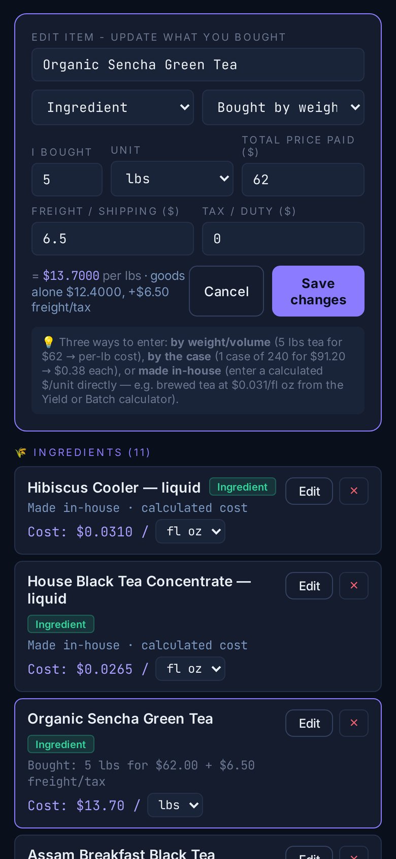 Cost library showing a purchase with freight included in the unit cost
