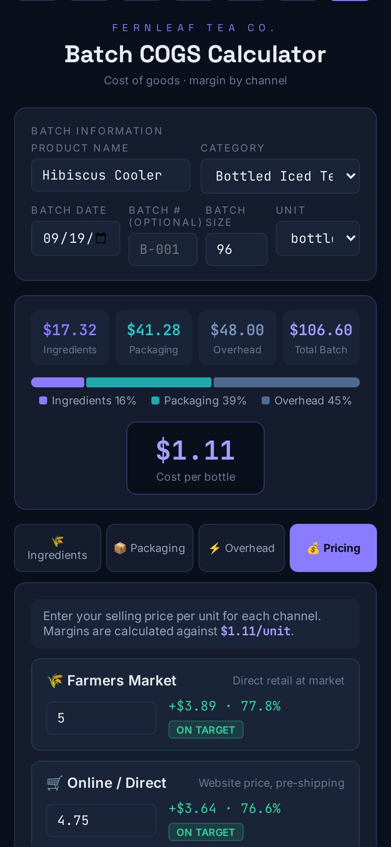 Batch calculator with cost per bottle and channel margins